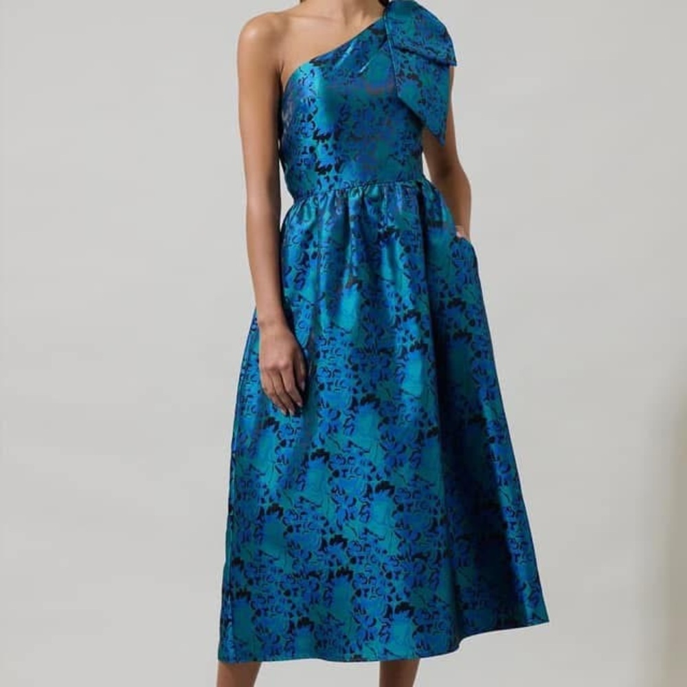 Sugarlips One-Shoulder Blue Teal Floral Midi Dress